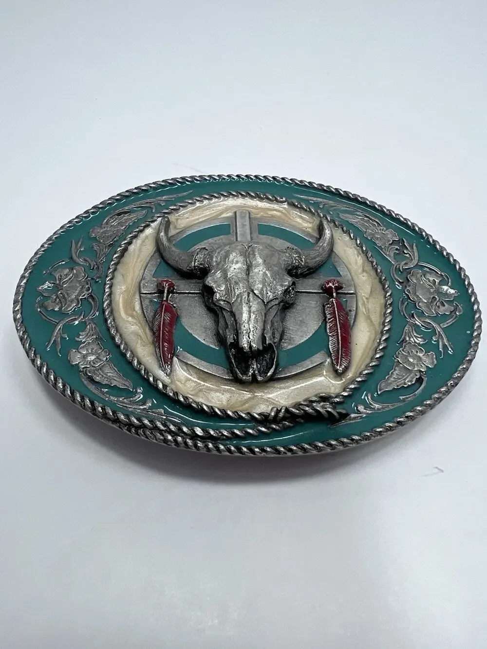 Siskiyou Vintage 1991 Pewter & Enamel Buffalo Skull Feathers Floral Belt Buckle